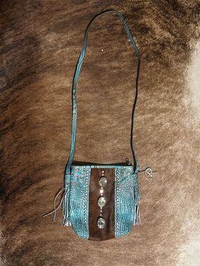 Raviani Turquoise Croc-Embossed Fringe Crossbody with Crystal Accents